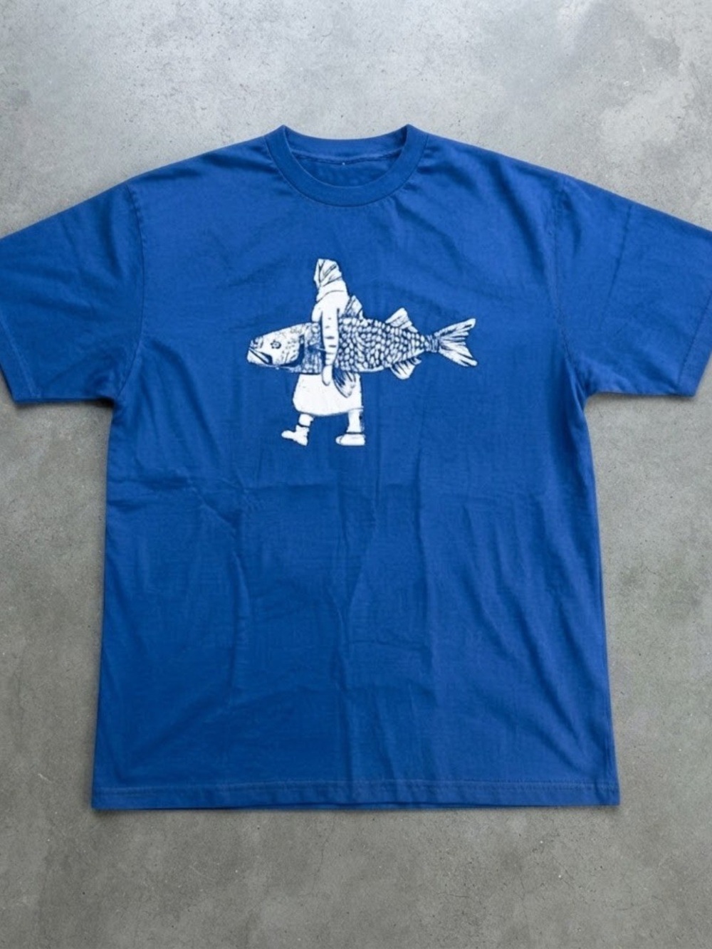 Whimsical Fish Figure Graphic Print Blue Gildan T-Shirt